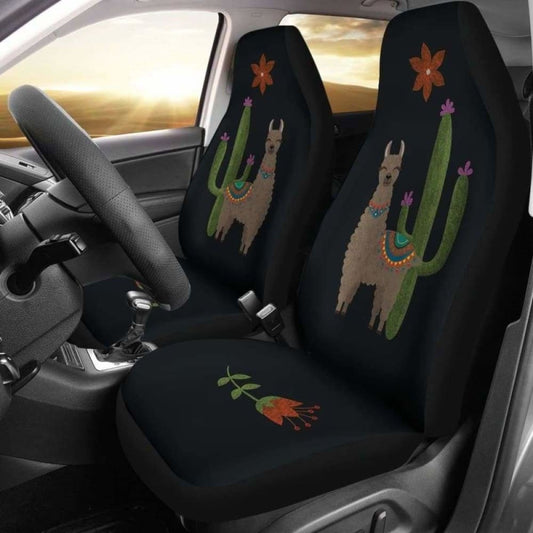 Brown Llama Car Seat Covers Chalky Style Cactus And Flower Design Printed On Black Fabric