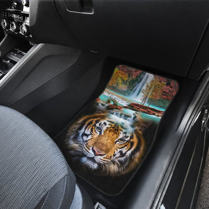 Powerful Brown Tiger with Amazing Waterfall Car Floor Mats