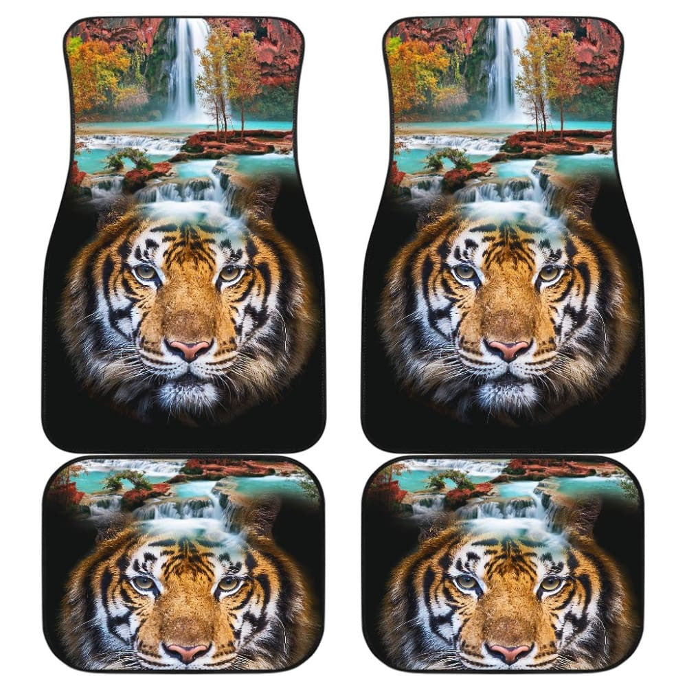 Powerful Brown Tiger with Amazing Waterfall Car Floor Mats
