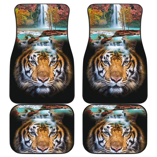 Powerful Brown Tiger with Amazing Waterfall Car Floor Mats