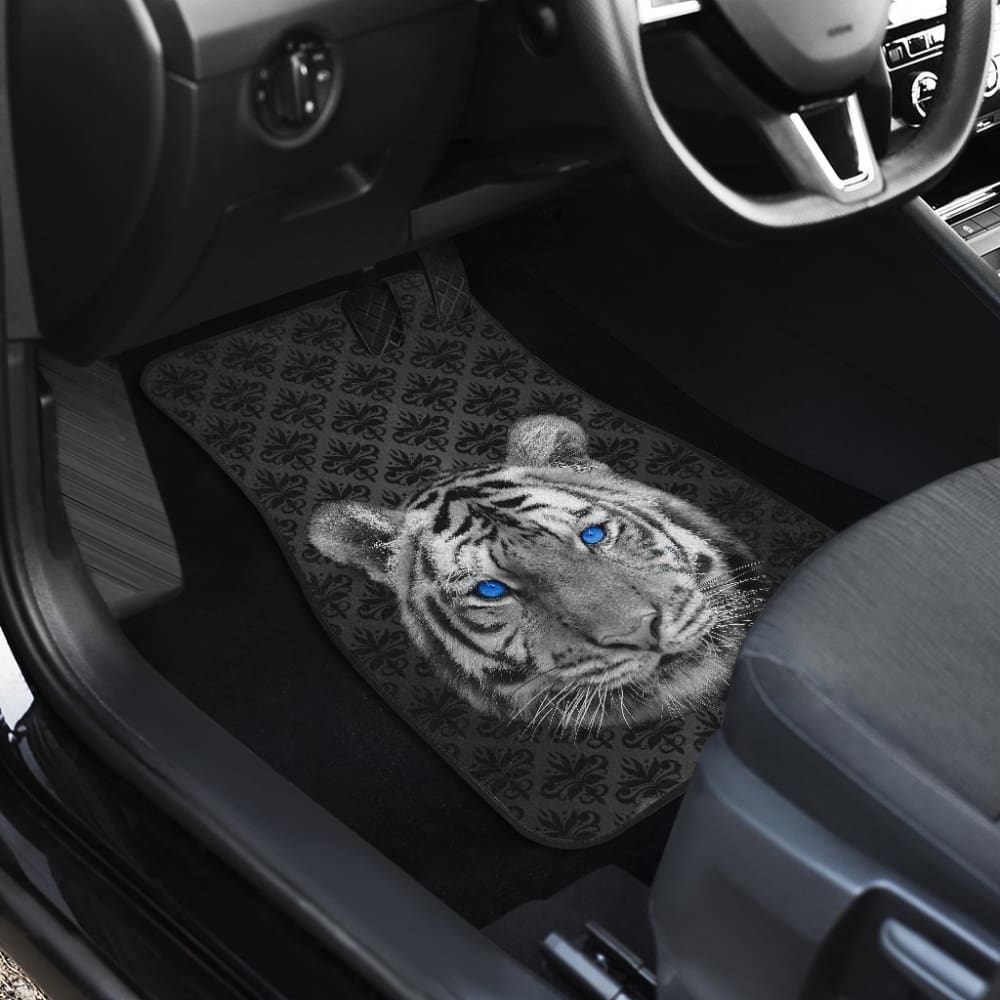 White Tiger Blue Eyes Amazing Black Background Car Floor Mats