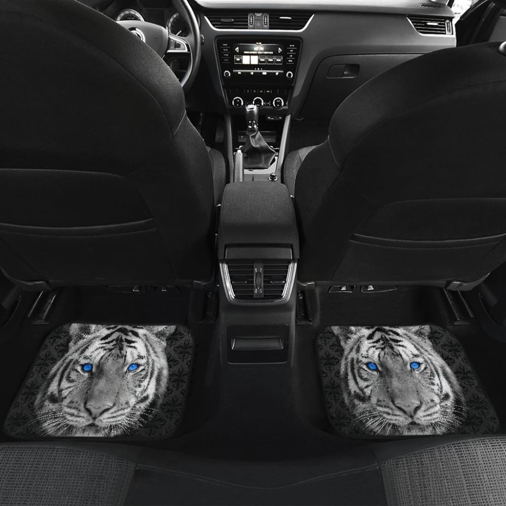 White Tiger Blue Eyes Amazing Black Background Car Floor Mats