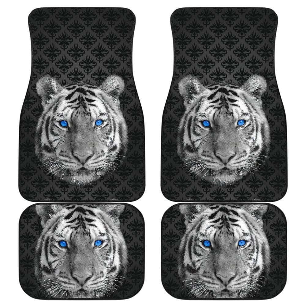 White Tiger Blue Eyes Amazing Black Background Car Floor Mats