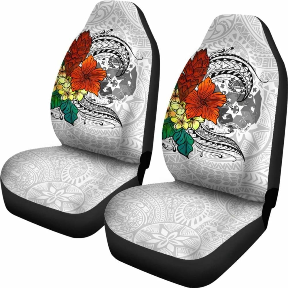 Tonga Car Seat Covers - Tropical Flowers White Patterns Style -