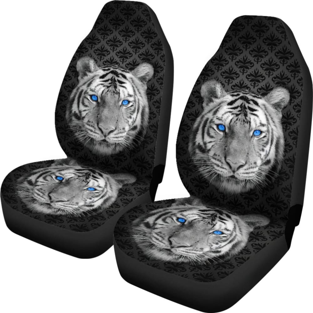 White Tiger Blue Eyes Amazing Black Background Car Seat Covers