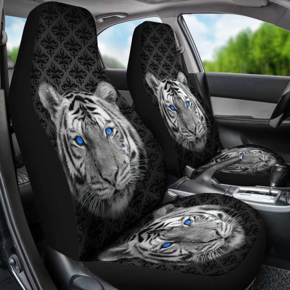 White Tiger Blue Eyes Amazing Black Background Car Seat Covers