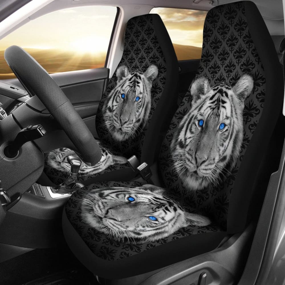 White Tiger Blue Eyes Amazing Black Background Car Seat Covers