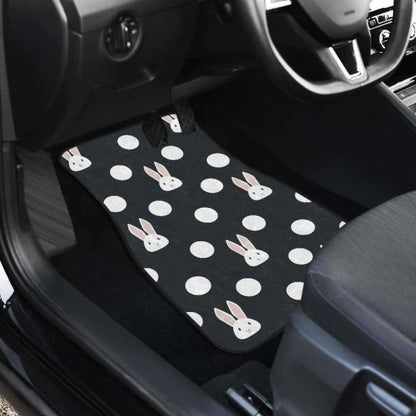 Cute White Rabbit Polka Dots Black Background Front And Back Car Mats