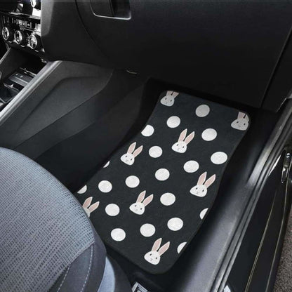 Cute White Rabbit Polka Dots Black Background Front And Back Car Mats