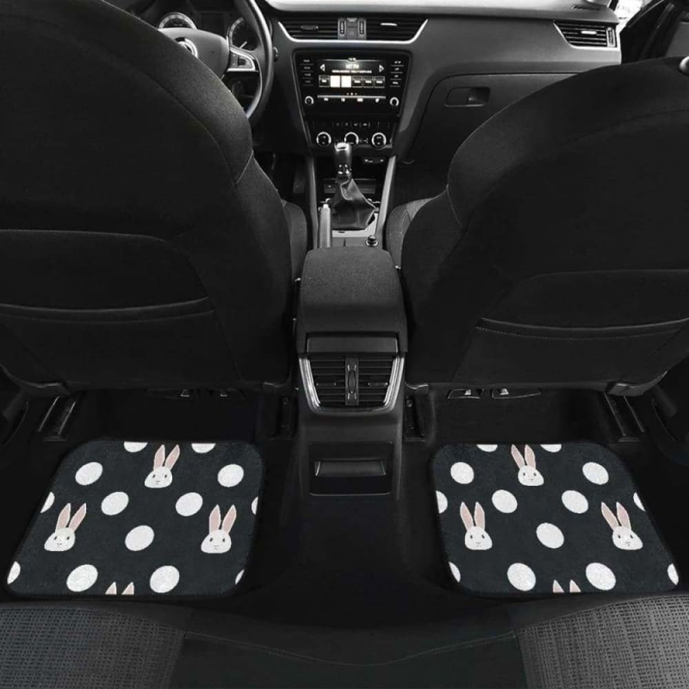 Cute White Rabbit Polka Dots Black Background Front And Back Car Mats
