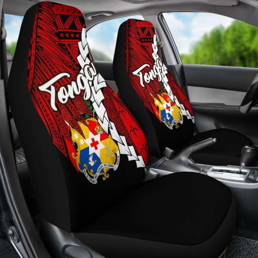 Tonga Polynesian Car Seat Covers - Tribal Wave Tattoo Flag Color -