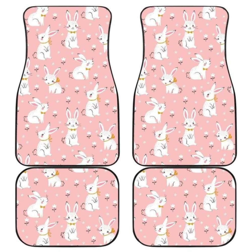 Cute White Rabbit Flower Pink Background Front And Back Car Mats
