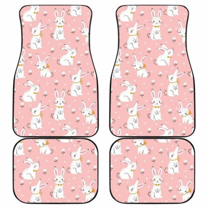 Cute White Rabbit Flower Pink Background Front And Back Car Mats
