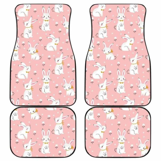 Cute White Rabbit Flower Pink Background Front And Back Car Mats