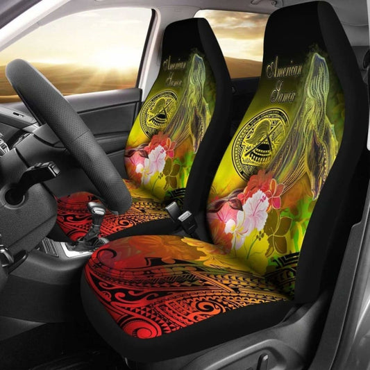 American Samoa Polynesian Car Seat Covers - Humpback Whale With Tropical Flowers -