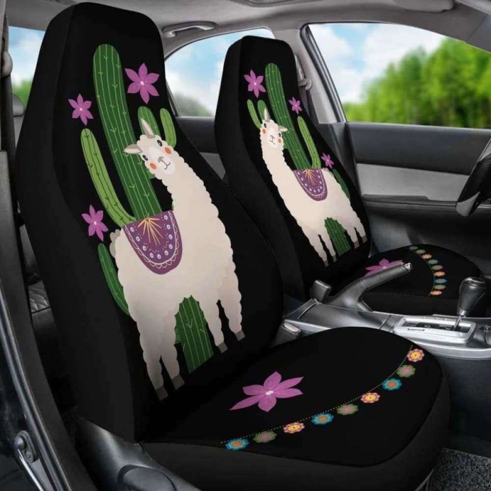 Alpaca Car Seat Covers Boho Hippie Style Cactus And Flowers Desert Motif Purple And Black