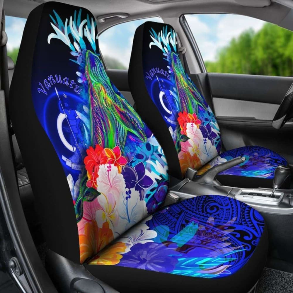 Vanuatu Car Seat Covers - Humpback Whale With Tropical Flowers (Blue)-