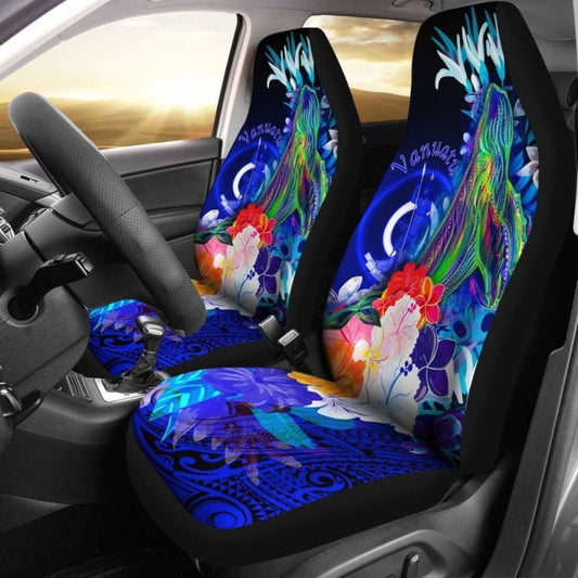 Vanuatu Car Seat Covers - Humpback Whale With Tropical Flowers (Blue)-