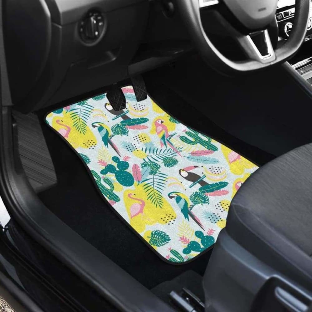 Cute Parrot Toucan Flamingo Cactus Exotic Leaves Pattern Front And Back Car Mats