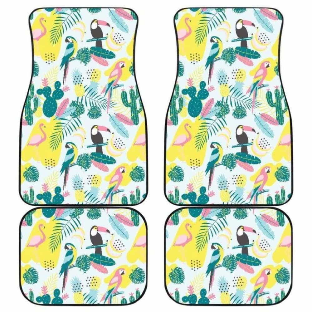 Cute Parrot Toucan Flamingo Cactus Exotic Leaves Pattern Front And Back Car Mats