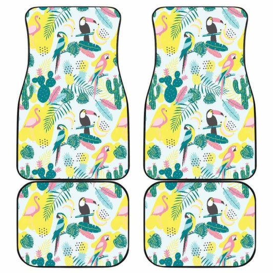 Cute Parrot Toucan Flamingo Cactus Exotic Leaves Pattern Front And Back Car Mats