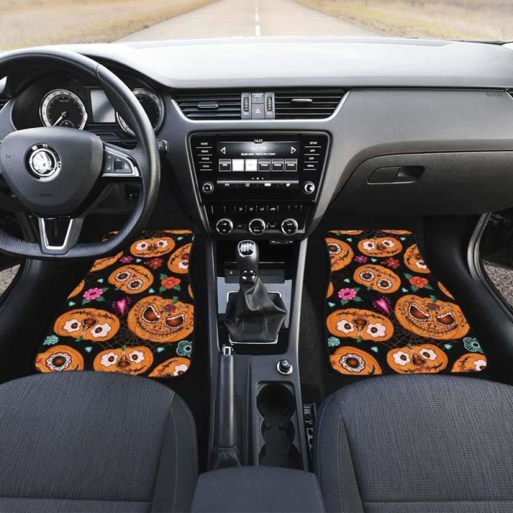 Pumpkin Flowers Spiderweb Halloween Theme Front And Back Car Mats