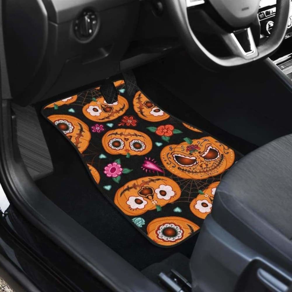 Pumpkin Flowers Spiderweb Halloween Theme Front And Back Car Mats