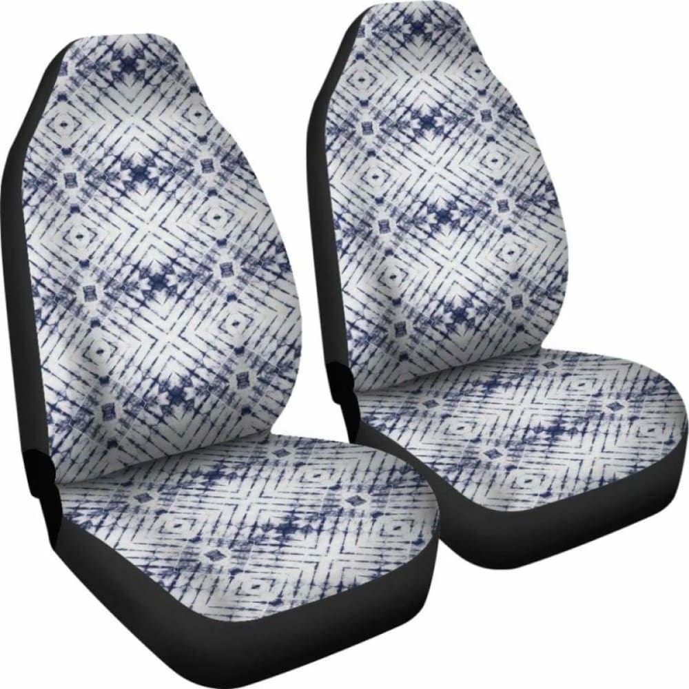 White With Faded Grungy Navy Blue Tie Dye Pattern Car Seat Covers