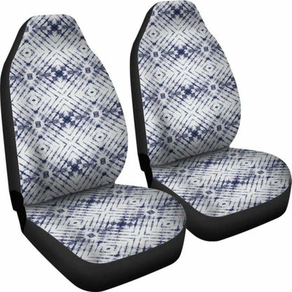 White With Faded Grungy Navy Blue Tie Dye Pattern Car Seat Covers