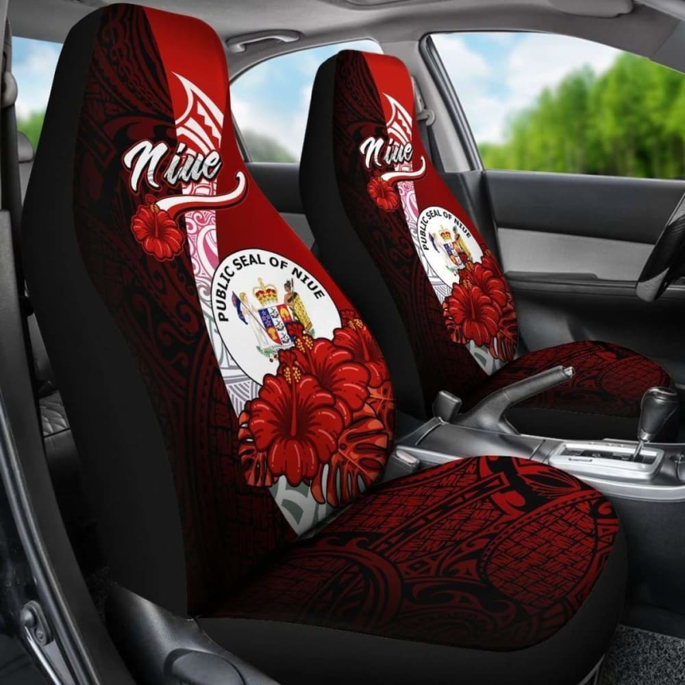 Niue Polynesian Car Seat Covers - Coat Of Arm With Hibiscus -