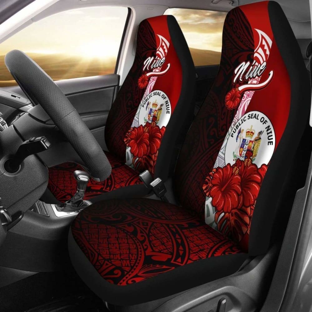 Niue Polynesian Car Seat Covers - Coat Of Arm With Hibiscus -