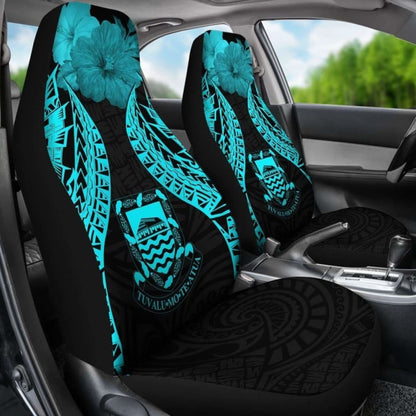 Tuvalu Polynesian Car Seat Covers Pride Seal And Hibiscus Neon Blue -