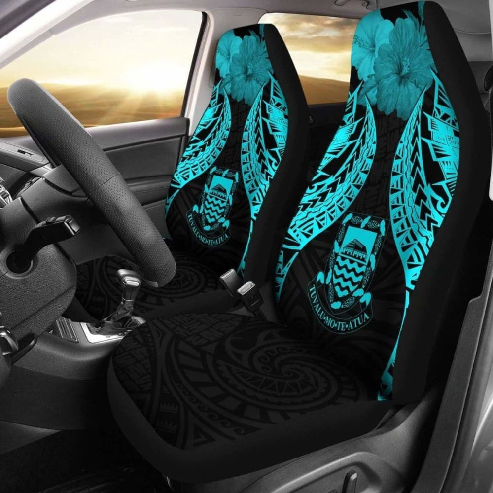 Tuvalu Polynesian Car Seat Covers Pride Seal And Hibiscus Neon Blue -