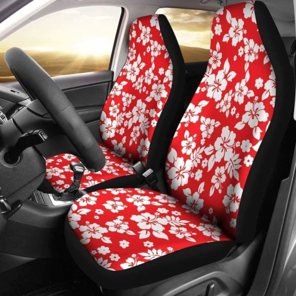 Red And White Hibiscus Flowers Hawaiian Flower Pattern Car Seat Covers