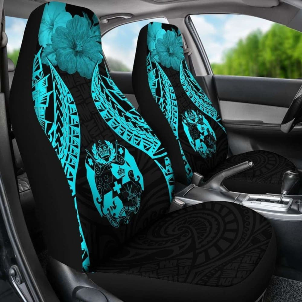 Tonga Polynesian Car Seat Covers Pride Seal And Hibiscus Neon Blue -