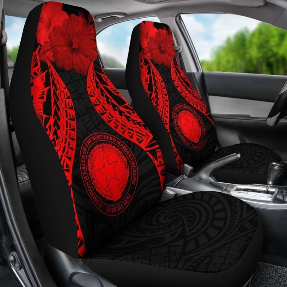 Northern Mariana Islands Polynesian Car Seat Covers Pride Seal And Hibiscus Red -