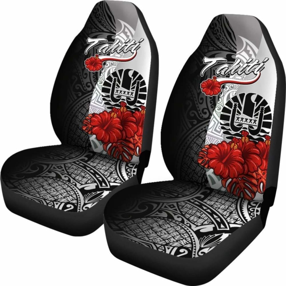 Tahiti Polynesian Car Seat Covers - Coat Of Arm With Hibiscus White -