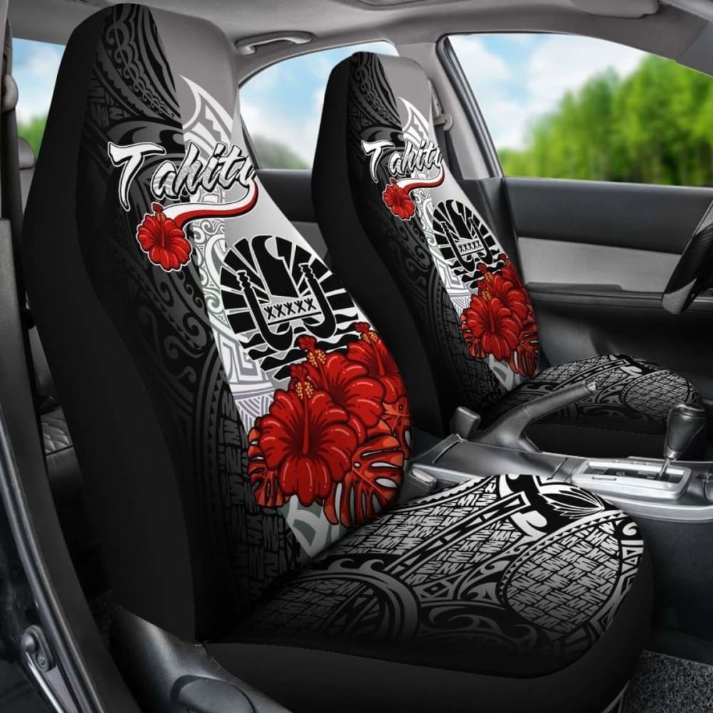 Tahiti Polynesian Car Seat Covers - Coat Of Arm With Hibiscus White -
