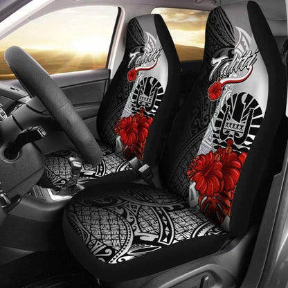 Tahiti Polynesian Car Seat Covers - Coat Of Arm With Hibiscus White -