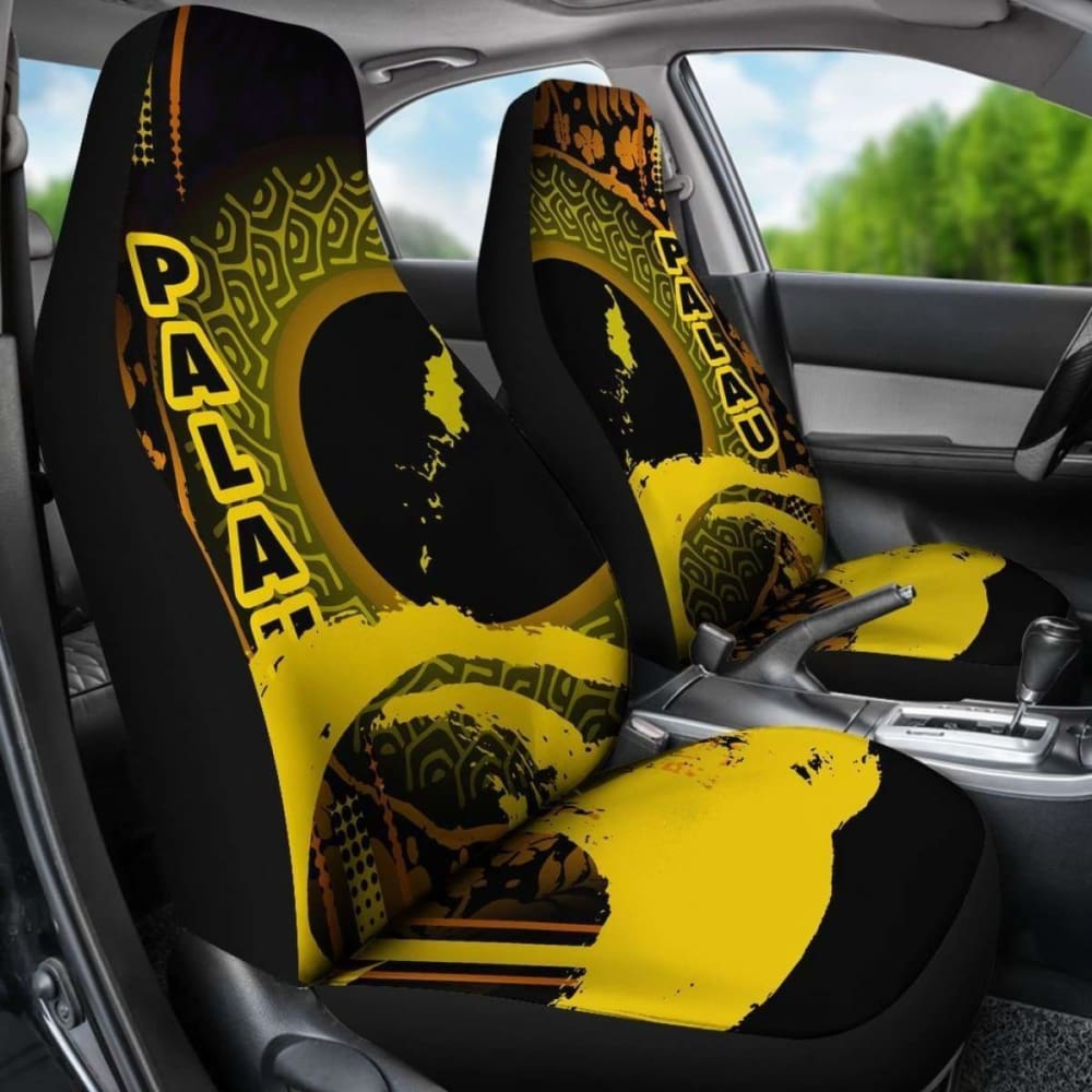 Palau Car Seat Covers - Palau Map Hibiscus And Wave Yellow -