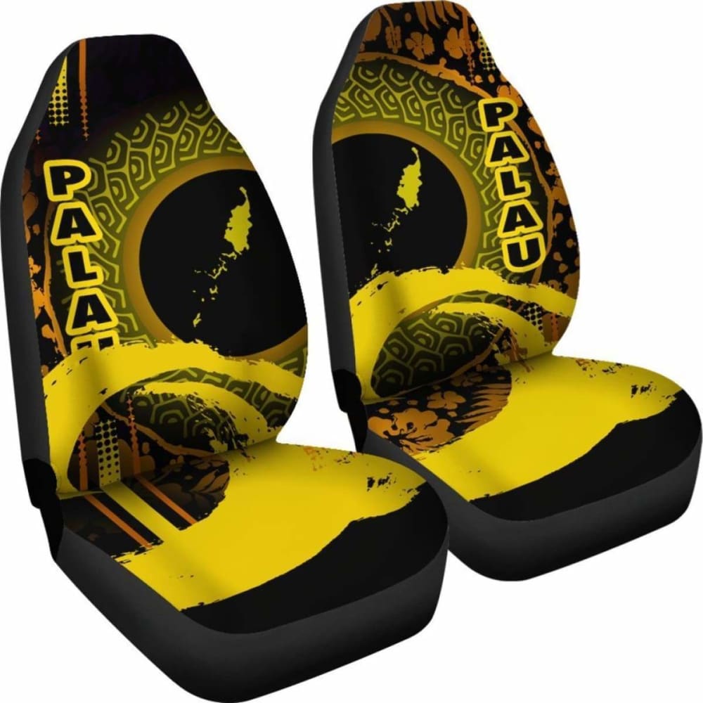 Palau Car Seat Covers - Palau Map Hibiscus And Wave Yellow -