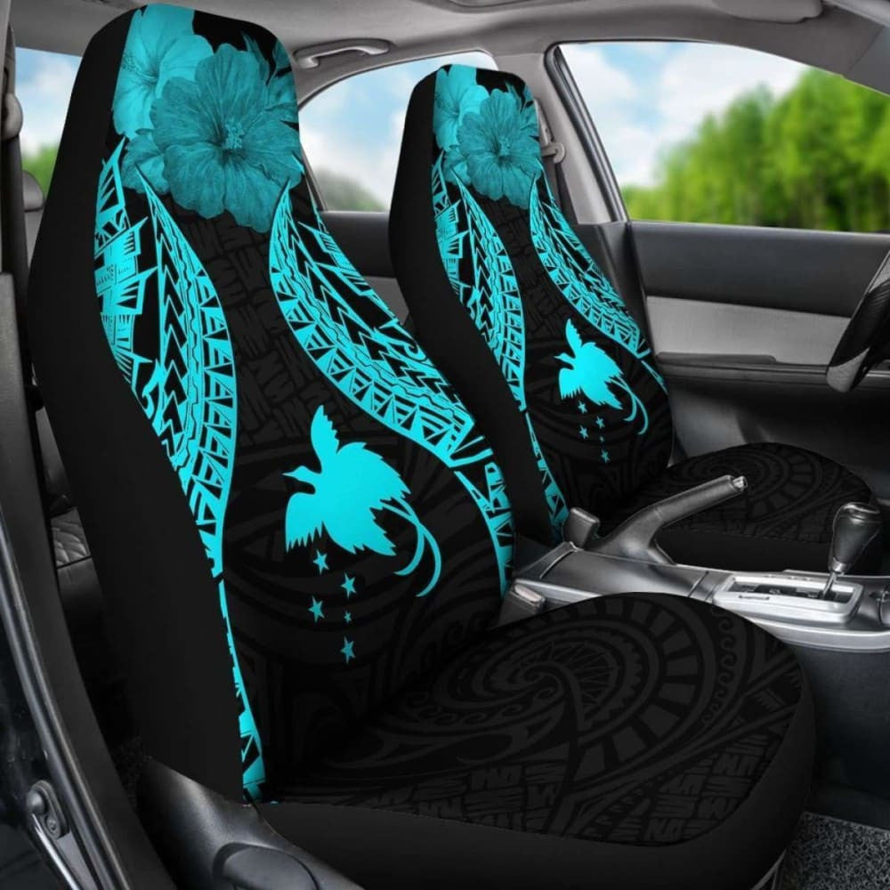 Papua New Guinea Polynesian Car Seat Covers Pride Seal And Hibiscus Neon Blue -