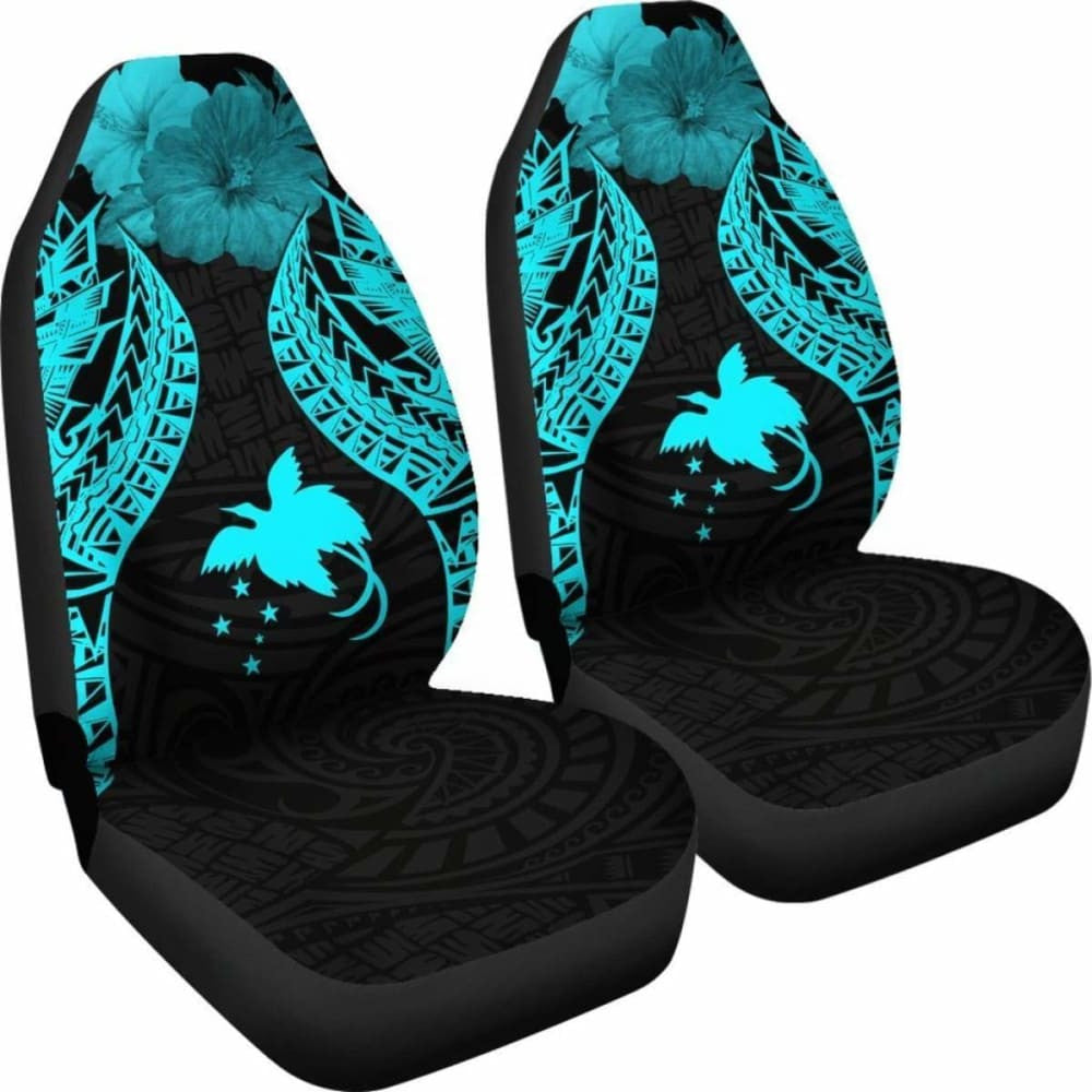 Papua New Guinea Polynesian Car Seat Covers Pride Seal And Hibiscus Neon Blue -