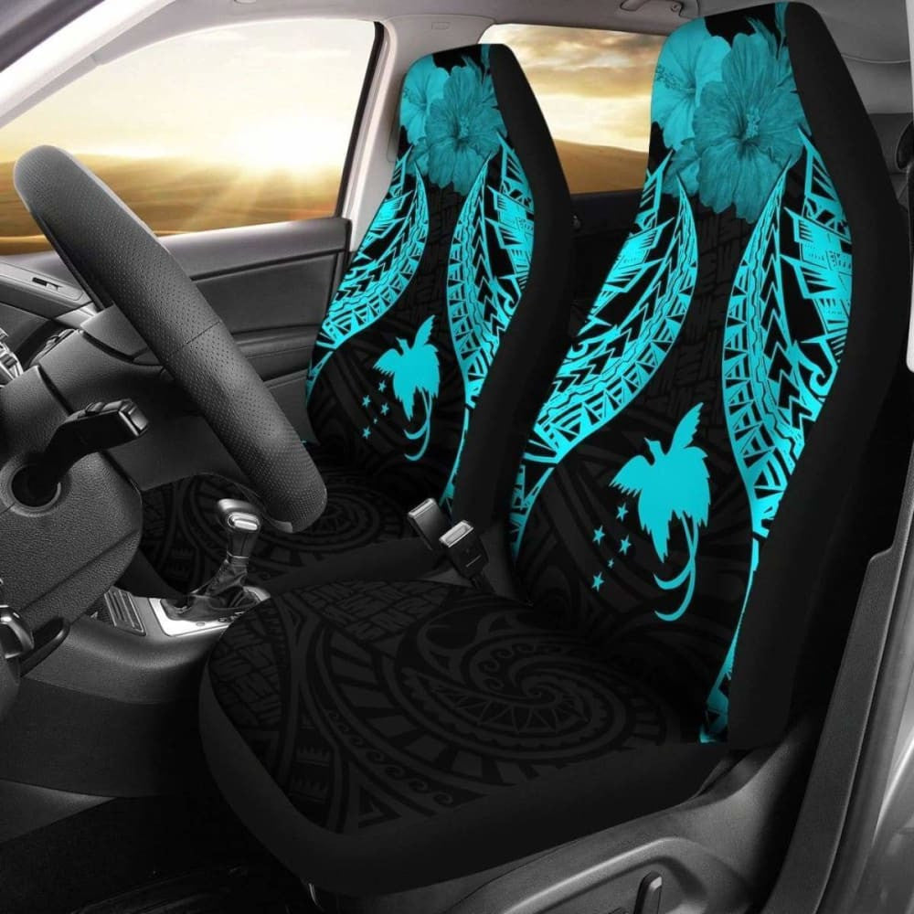Papua New Guinea Polynesian Car Seat Covers Pride Seal And Hibiscus Neon Blue -