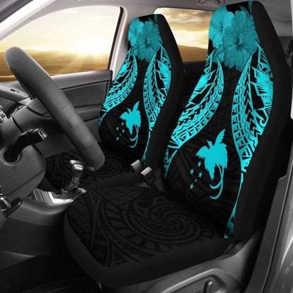 Papua New Guinea Polynesian Car Seat Covers Pride Seal And Hibiscus Neon Blue -