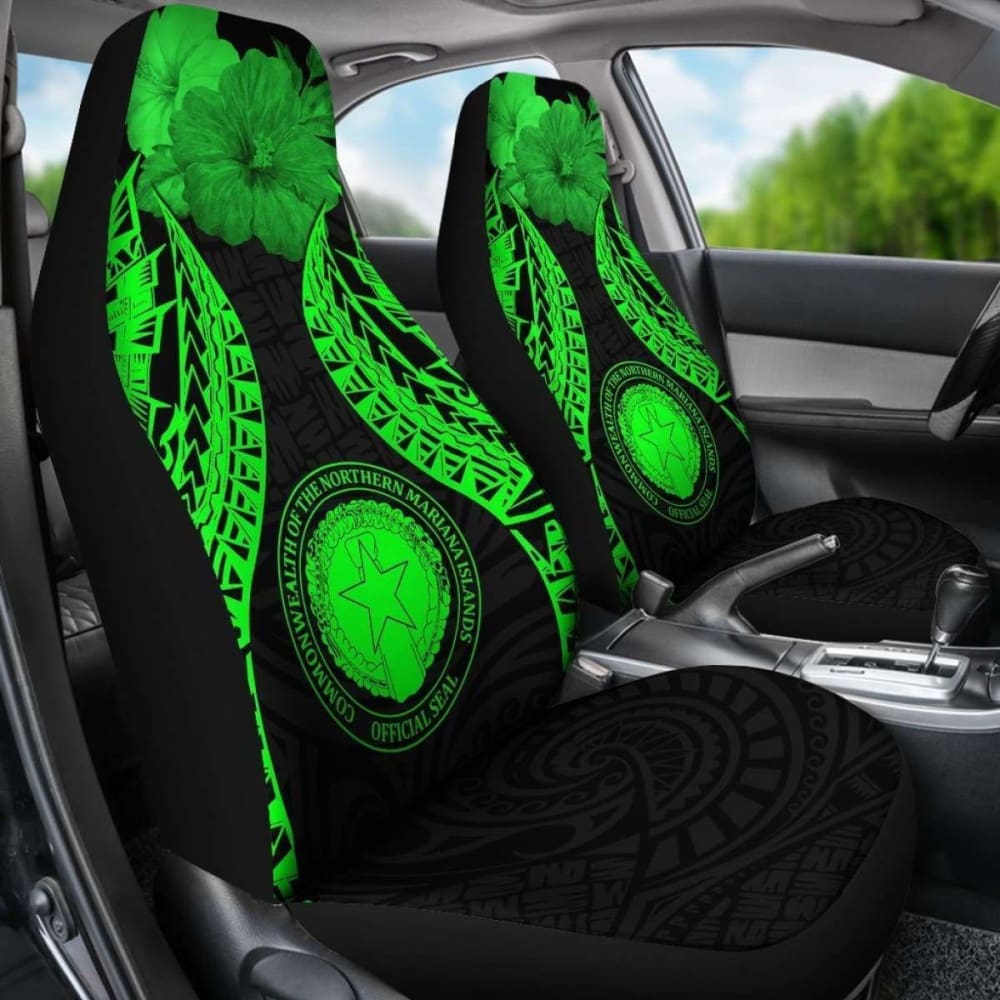Northern Mariana Islands Polynesian Car Seat Covers Pride Seal And Hibiscus Green -