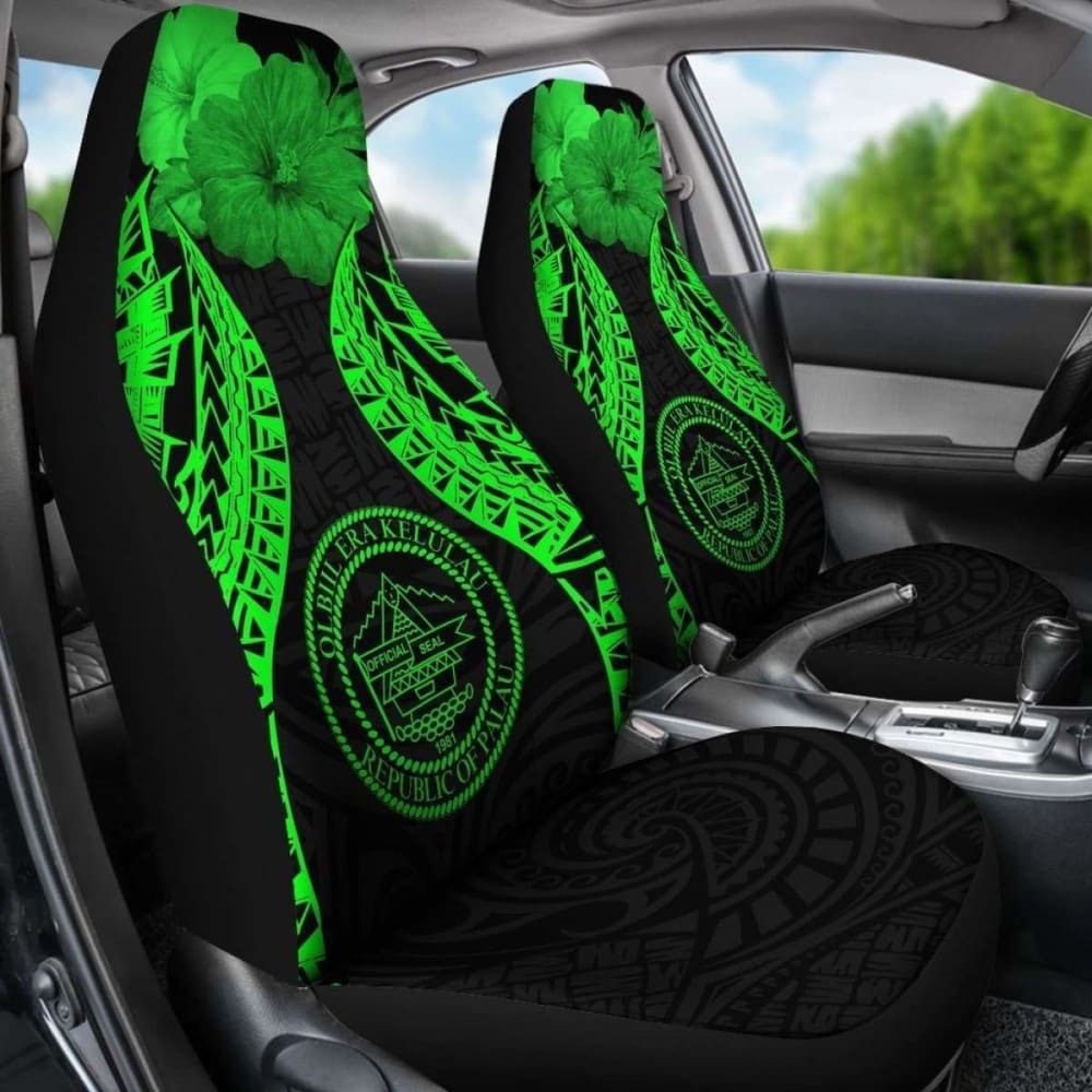 Palau Polynesian Car Seat Covers Pride Seal And Hibiscus Green -