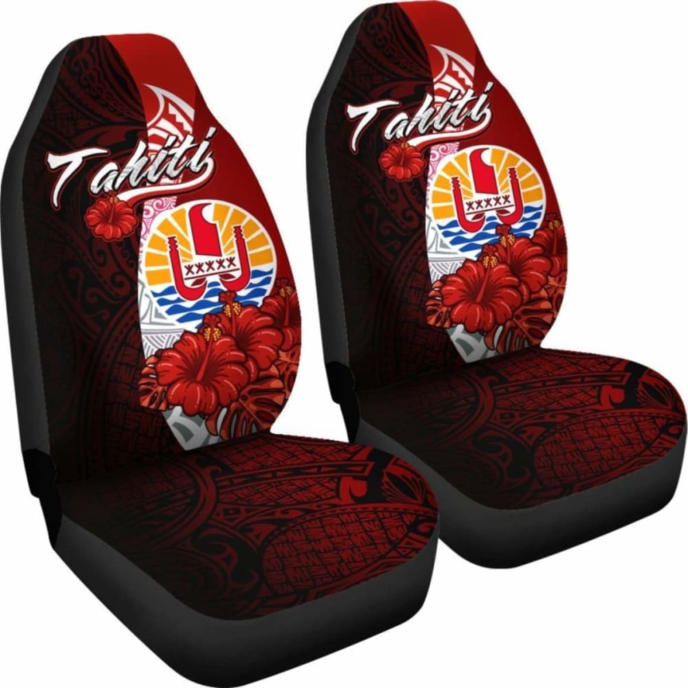 Tahiti Polynesian Car Seat Covers - Coat Of Arm With Hibiscus -