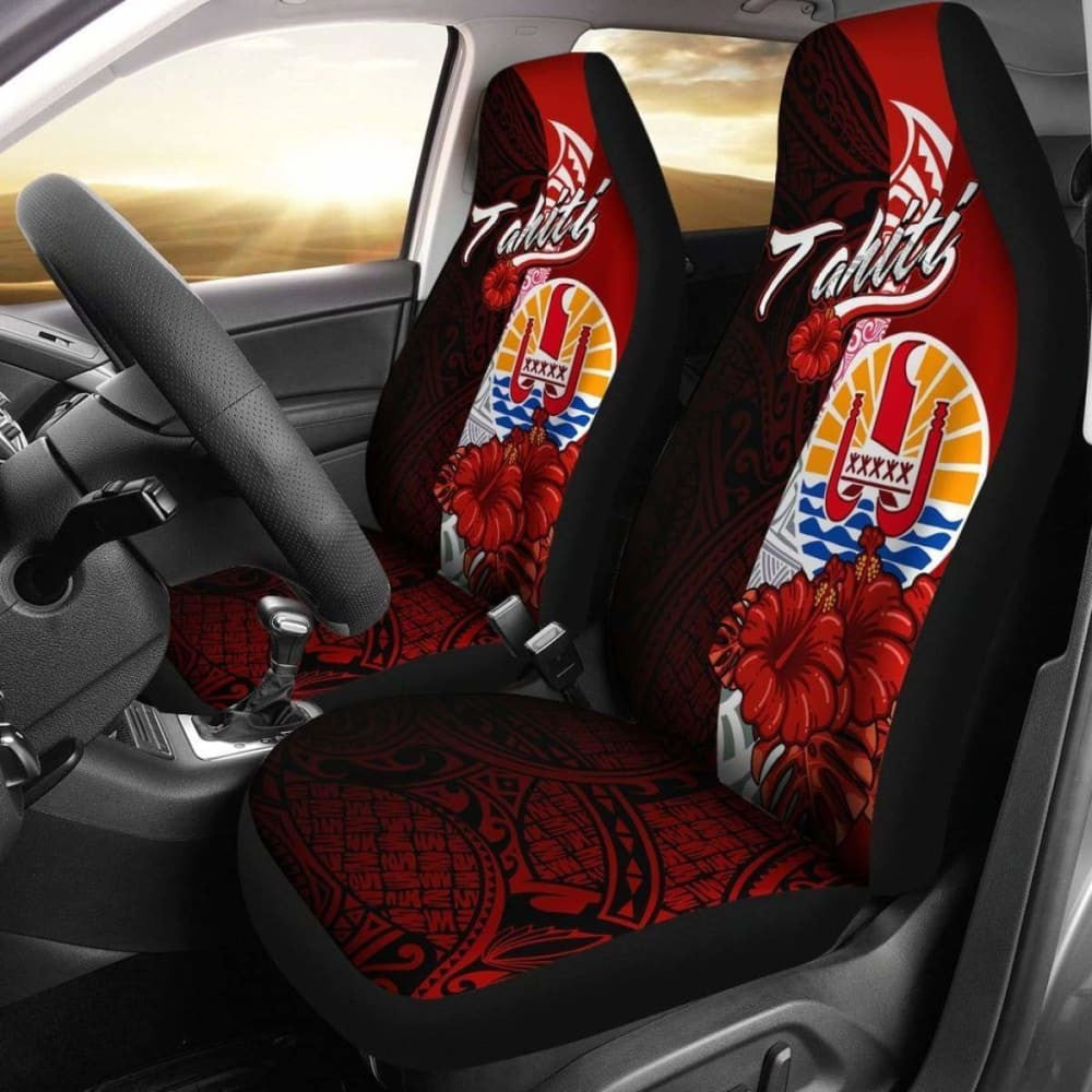 Tahiti Polynesian Car Seat Covers - Coat Of Arm With Hibiscus -