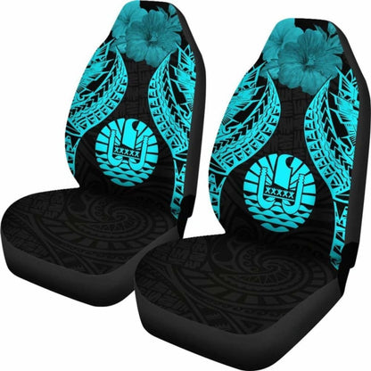 Tahiti Polynesian Car Seat Covers Pride Seal And Hibiscus Neon Blue -